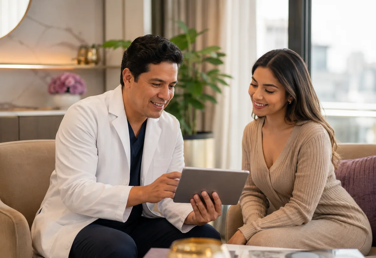 Board-certified surgeon consulting with patient in modern clinic