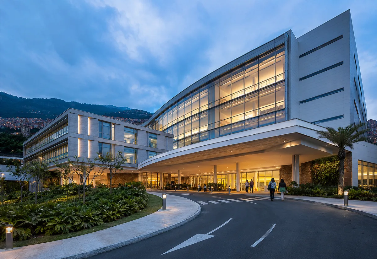 Modern JCI-accredited hospital in Medellín Colombia at blue hour