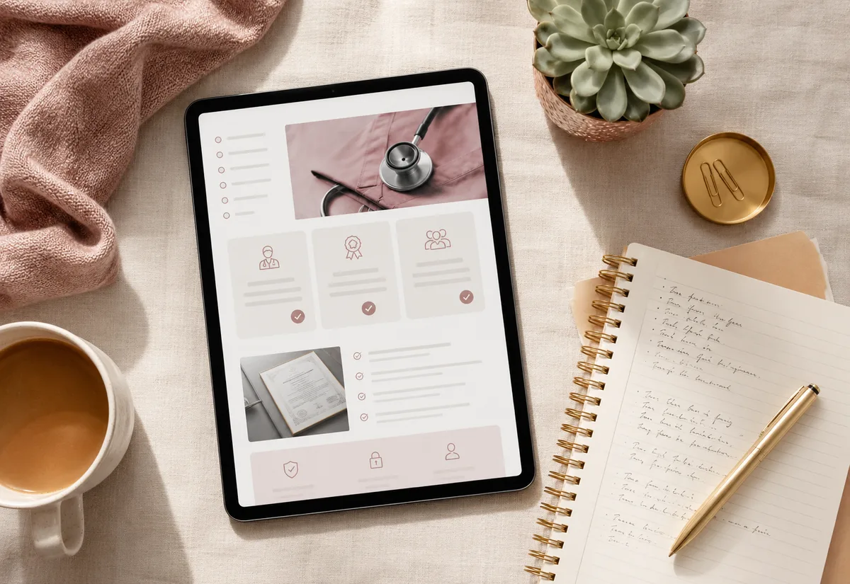 Flat lay of tablet showing medical credentials checklist with notebook and coffee